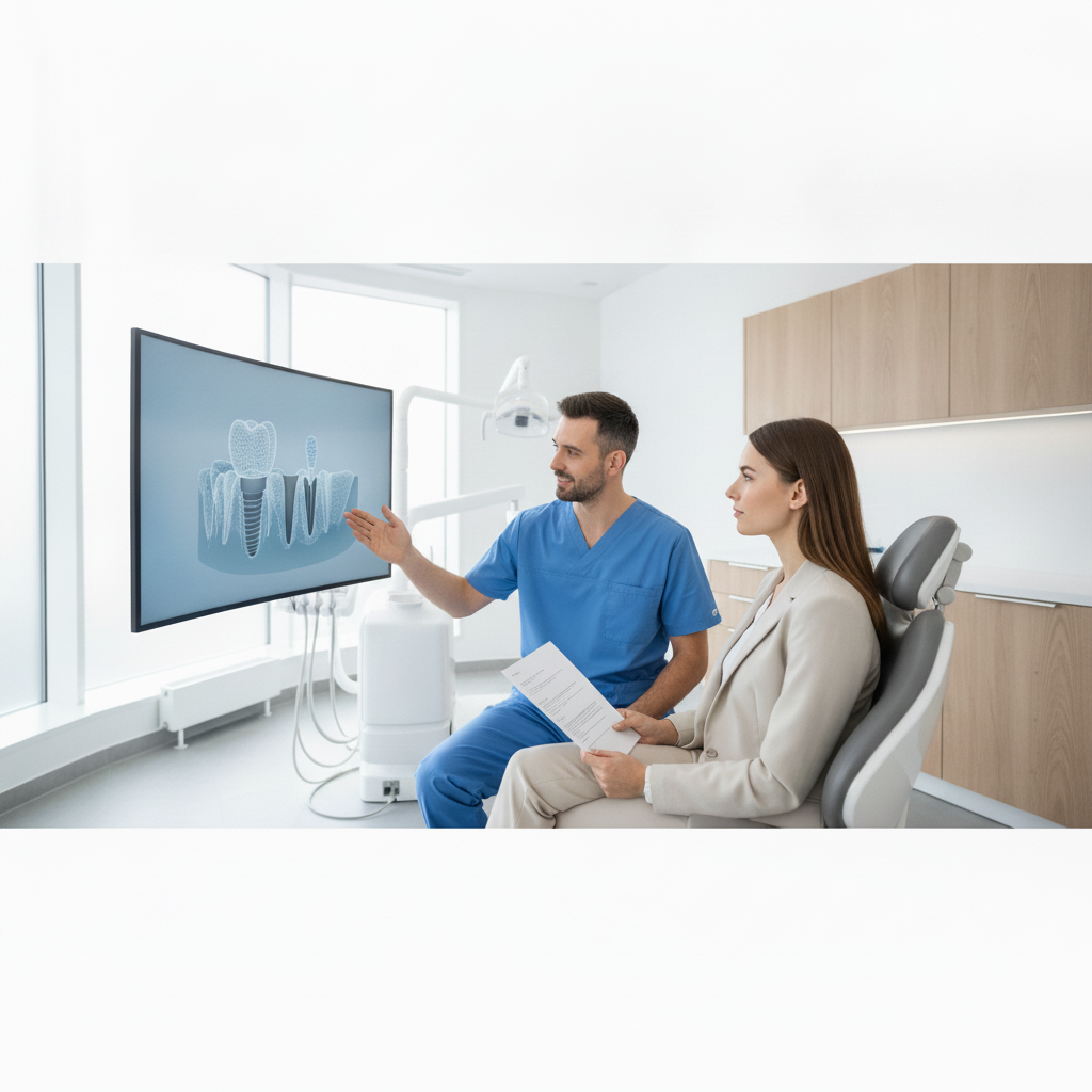 Insurance Cover Dental Implants in Belgium: A patient discusses treatment and coverage options with their dentist.