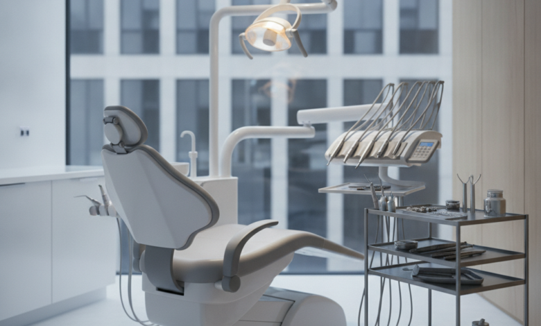 A close-up, photorealistic image of a sleek, ergonomic dental chair and advanced dental instruments meticulously arranged on a tray in a sterile, modern treatment room. Soft, cool lighting illuminates the scene, and the background is a blurred view of a contemporary urban building, subtly hinting at a Belgian city. There is no text or branding visible.