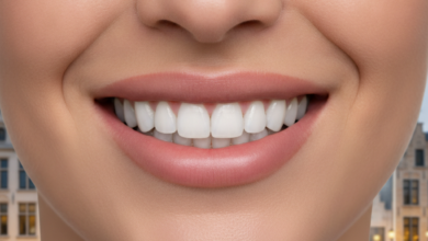 Close-up of a person smiling confidently, showcasing perfect, bright teeth, implying dental veneers. The background is softly blurred, featuring abstract European city architecture. The scene suggests dental aesthetics and financial planning in Belgium.