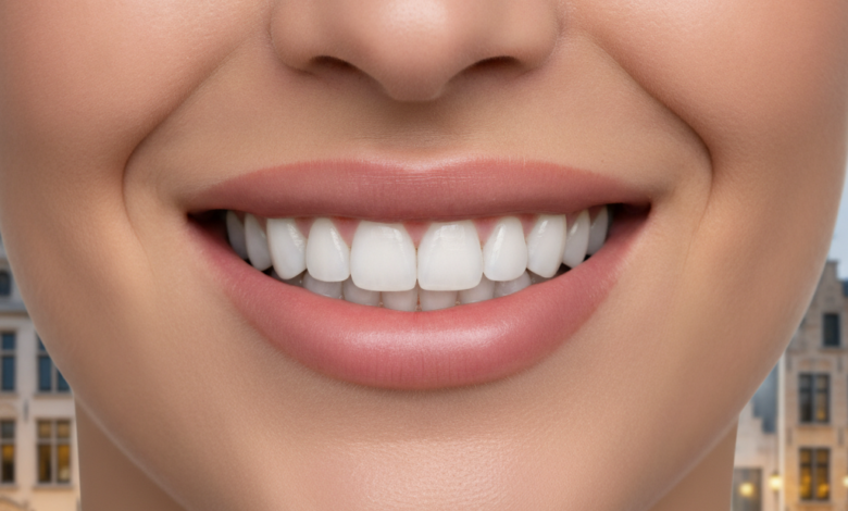 Close-up of a person smiling confidently, showcasing perfect, bright teeth, implying dental veneers. The background is softly blurred, featuring abstract European city architecture. The scene suggests dental aesthetics and financial planning in Belgium.