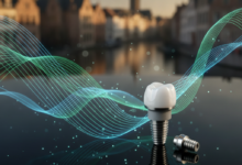 A close-up, photorealistic image of a shiny dental implant model on a reflective surface, surrounded by abstract blue and green digital patterns suggesting insurance or data. In the heavily blurred background, classic Belgian architecture can be faintly seen under soft lighting.