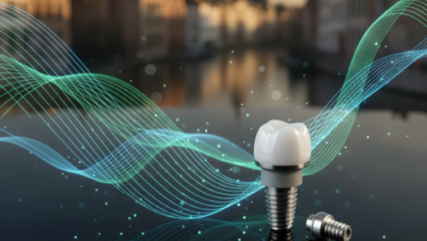 A close-up, photorealistic image of a shiny dental implant model on a reflective surface, surrounded by abstract blue and green digital patterns suggesting insurance or data. In the heavily blurred background, classic Belgian architecture can be faintly seen under soft lighting.