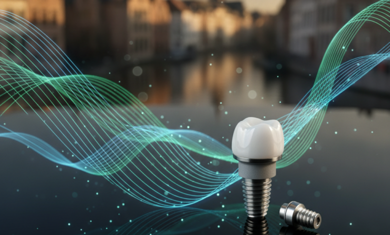 A close-up, photorealistic image of a shiny dental implant model on a reflective surface, surrounded by abstract blue and green digital patterns suggesting insurance or data. In the heavily blurred background, classic Belgian architecture can be faintly seen under soft lighting.