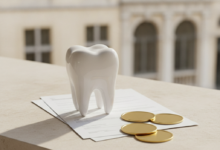 A photorealistic image featuring a clean, white dental molar model in the foreground, placed beside abstract stacks of generic paper documents and a few polished, coin-like shapes. The background is a softly blurred, neutral-toned scene of classic European architecture. The image is professionally lit, has a shallow depth of field, and contains no visible text or branding, conveying themes of dental care, finance, and insurance.