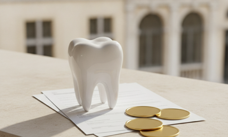 A photorealistic image featuring a clean, white dental molar model in the foreground, placed beside abstract stacks of generic paper documents and a few polished, coin-like shapes. The background is a softly blurred, neutral-toned scene of classic European architecture. The image is professionally lit, has a shallow depth of field, and contains no visible text or branding, conveying themes of dental care, finance, and insurance.