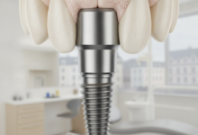 A detailed, photorealistic close-up of a human jawbone cross-section showing a metallic dental implant post perfectly integrated into the surrounding bone tissue. The background is a heavily blurred modern dental clinic interior, with an indistinct architectural silhouette in the far distance.
