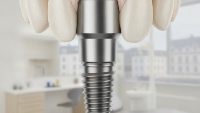 A detailed, photorealistic close-up of a human jawbone cross-section showing a metallic dental implant post perfectly integrated into the surrounding bone tissue. The background is a heavily blurred modern dental clinic interior, with an indistinct architectural silhouette in the far distance.