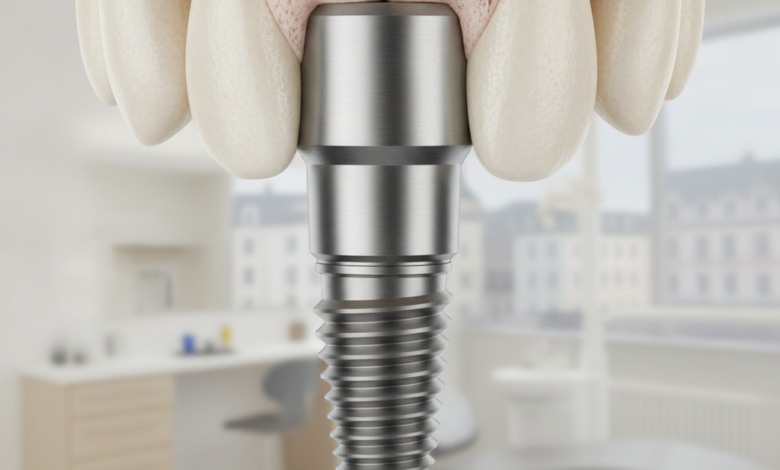 A detailed, photorealistic close-up of a human jawbone cross-section showing a metallic dental implant post perfectly integrated into the surrounding bone tissue. The background is a heavily blurred modern dental clinic interior, with an indistinct architectural silhouette in the far distance.