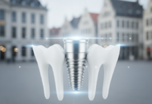 A photorealistic, close-up image of a shiny metallic dental implant post securely integrated into an abstract, pristine white jawbone model. Subtle digital light lines radiate from the implant, signifying its integration and the meticulous process. The background is a very soft, out-of-focus blur of a European cityscape with classic architecture, hinting at Belgium. No text is present.