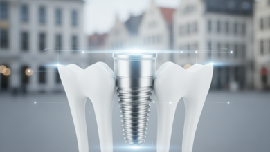 A photorealistic, close-up image of a shiny metallic dental implant post securely integrated into an abstract, pristine white jawbone model. Subtle digital light lines radiate from the implant, signifying its integration and the meticulous process. The background is a very soft, out-of-focus blur of a European cityscape with classic architecture, hinting at Belgium. No text is present.
