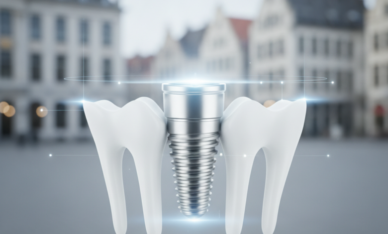 A photorealistic, close-up image of a shiny metallic dental implant post securely integrated into an abstract, pristine white jawbone model. Subtle digital light lines radiate from the implant, signifying its integration and the meticulous process. The background is a very soft, out-of-focus blur of a European cityscape with classic architecture, hinting at Belgium. No text is present.