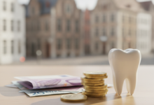 A close-up, photorealistic image of a healthy molar tooth resting on a small stack of Euro coins and next to several Euro banknotes. The background features a softly blurred European cityscape, suggestive of Belgium.