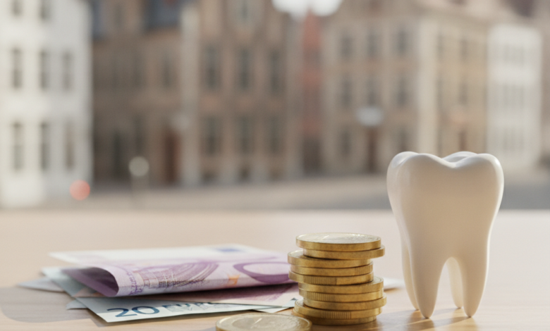 A close-up, photorealistic image of a healthy molar tooth resting on a small stack of Euro coins and next to several Euro banknotes. The background features a softly blurred European cityscape, suggestive of Belgium.