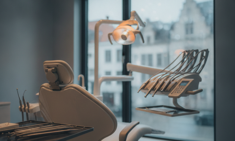 A clean, modern dental examination room with a state-of-the-art dental chair, sleek instruments on a sterile tray, and a blurred background subtly showing European architecture, conveying comfort and advanced dental care.