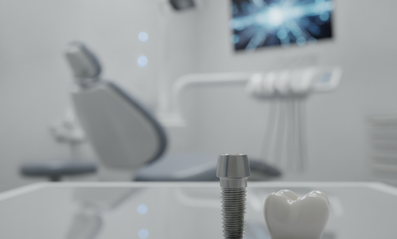 Close-up of a titanium dental implant screw and a ceramic dental crown on a clean surface. In the blurred background, a modern, high-tech dental clinic with sleek equipment is visible, emphasizing advanced medical technology.