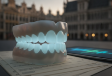 Close-up shot of a stylized, pristine dental care concept, with blurred stacks of generic financial documents and a highly indistinct, iconic Belgian landmark in the distant background, depicting the topic of dental insurance in Belgium.