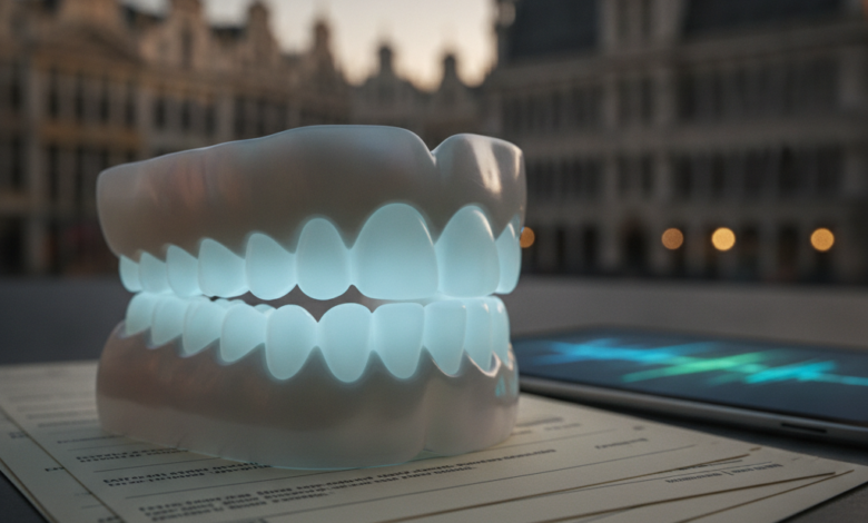 Close-up shot of a stylized, pristine dental care concept, with blurred stacks of generic financial documents and a highly indistinct, iconic Belgian landmark in the distant background, depicting the topic of dental insurance in Belgium.