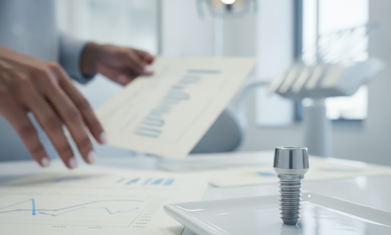 A close-up, photorealistic view inside a modern dental clinic. A stylized model of a dental implant sits on a sterile surface in the foreground. In the soft-focus background, hands are seen reviewing abstract, blurred financial documents, representing the intersection of dental care and insurance costs.