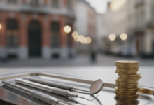 Close-up of gleaming dental instruments, including a mirror and probe, arranged neatly beside a small stack of polished euro coins on a sterile surface. The background is a bokeh-blurred European city street with hints of Belgian architecture, representing dental insurance and financial considerations in Belgium.