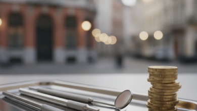 Close-up of gleaming dental instruments, including a mirror and probe, arranged neatly beside a small stack of polished euro coins on a sterile surface. The background is a bokeh-blurred European city street with hints of Belgian architecture, representing dental insurance and financial considerations in Belgium.