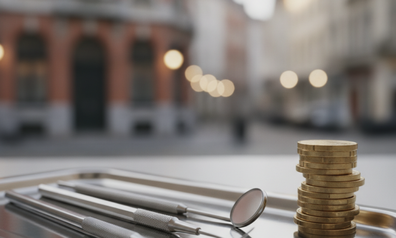 Close-up of gleaming dental instruments, including a mirror and probe, arranged neatly beside a small stack of polished euro coins on a sterile surface. The background is a bokeh-blurred European city street with hints of Belgian architecture, representing dental insurance and financial considerations in Belgium.