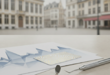 A photorealistic image featuring abstract financial documents and a polished dental instrument on a table, with a softly blurred background of classic European architecture typical of Belgium, symbolizing dental finance.