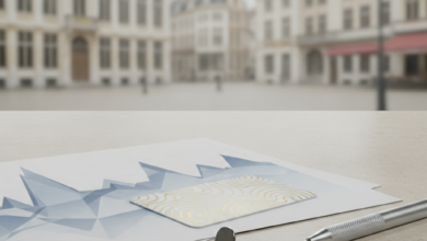 A photorealistic image featuring abstract financial documents and a polished dental instrument on a table, with a softly blurred background of classic European architecture typical of Belgium, symbolizing dental finance.
