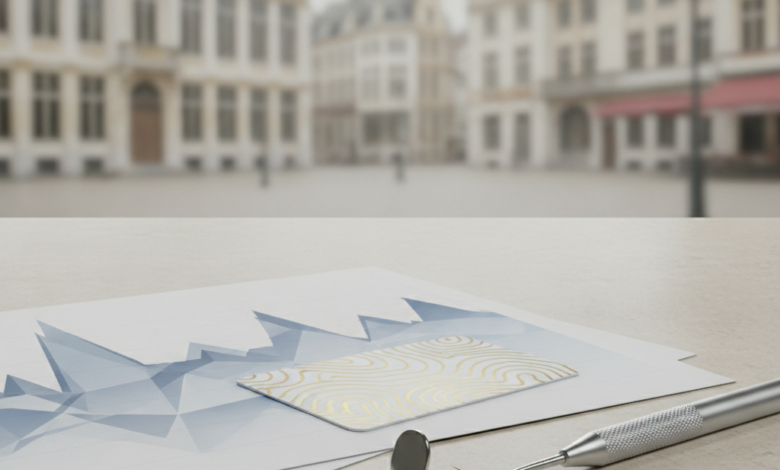 A photorealistic image featuring abstract financial documents and a polished dental instrument on a table, with a softly blurred background of classic European architecture typical of Belgium, symbolizing dental finance.