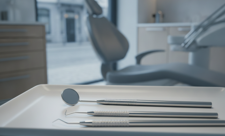 A photorealistic close-up of sterile dental instruments on a clean white tray in the foreground. The background is softly blurred, showing abstract shapes that suggest scattered euro coins and paper bills, conceptually representing hidden financial costs. Behind these, a very indistinct urban European street scene is visible through a window, implying a location like Belgium. The lighting is clean and professional.