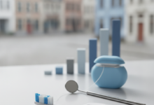 Close-up shot of a white toothbrush, dental floss, and a small dental mirror on a light surface, with a blurred conceptual financial graphic and indistinct Belgian architecture in the background. The scene conveys dental health and cost management in Belgium.