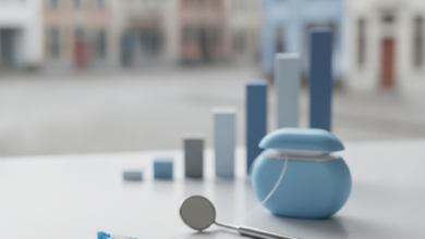 Close-up shot of a white toothbrush, dental floss, and a small dental mirror on a light surface, with a blurred conceptual financial graphic and indistinct Belgian architecture in the background. The scene conveys dental health and cost management in Belgium.