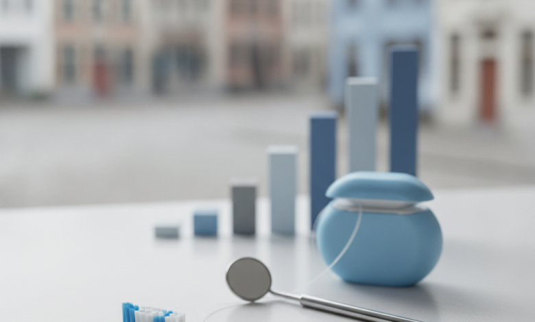 Close-up shot of a white toothbrush, dental floss, and a small dental mirror on a light surface, with a blurred conceptual financial graphic and indistinct Belgian architecture in the background. The scene conveys dental health and cost management in Belgium.