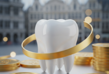 A close-up, photorealistic image of a sparkling white tooth, surrounded by abstract, shimmering gold shapes representing savings, against a blurred background of historic Belgian architecture in Brussels. The focus is on dental health and financial savings.