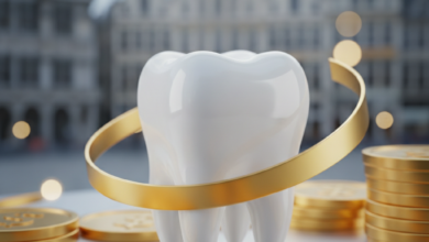 A close-up, photorealistic image of a sparkling white tooth, surrounded by abstract, shimmering gold shapes representing savings, against a blurred background of historic Belgian architecture in Brussels. The focus is on dental health and financial savings.