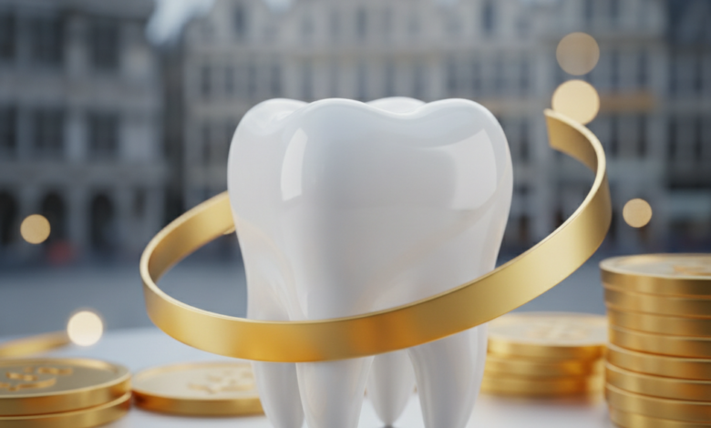 A close-up, photorealistic image of a sparkling white tooth, surrounded by abstract, shimmering gold shapes representing savings, against a blurred background of historic Belgian architecture in Brussels. The focus is on dental health and financial savings.