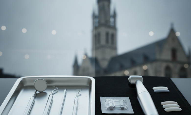 A photorealistic conceptual image contrasting public and private dental care. On one side, basic dental tools represent public care; on the other, advanced instruments signify private options. The background shows a blurred, non-specific Belgian architectural element.