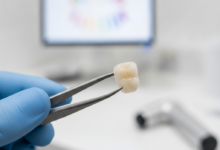 Close-up of a perfectly shaped, translucent porcelain dental veneer being carefully held by dental tweezers in a gloved hand. The background shows a blurred, modern dental clinic with sleek, high-tech equipment, emphasizing precision and quality.