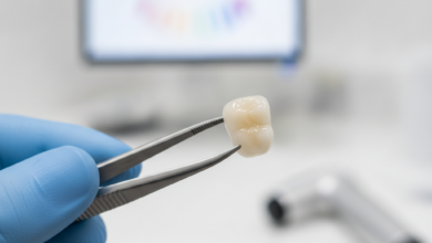 Close-up of a perfectly shaped, translucent porcelain dental veneer being carefully held by dental tweezers in a gloved hand. The background shows a blurred, modern dental clinic with sleek, high-tech equipment, emphasizing precision and quality.