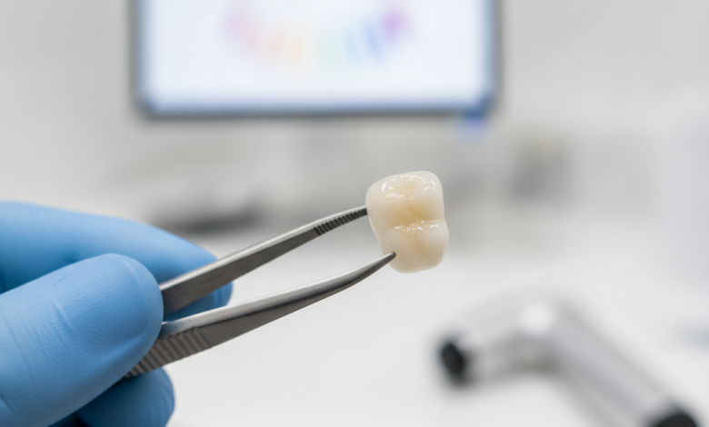 Close-up of a perfectly shaped, translucent porcelain dental veneer being carefully held by dental tweezers in a gloved hand. The background shows a blurred, modern dental clinic with sleek, high-tech equipment, emphasizing precision and quality.