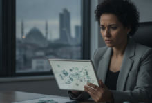 A thoughtful person in a modern, clean medical office, looking at a tablet displaying abstract financial data. A blurred city skyline is visible in the background, suggesting global healthcare and financial decisions. No text is visible.