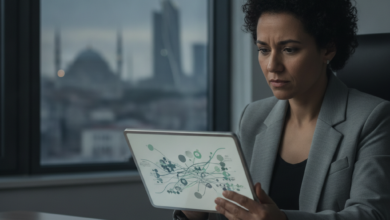 A thoughtful person in a modern, clean medical office, looking at a tablet displaying abstract financial data. A blurred city skyline is visible in the background, suggesting global healthcare and financial decisions. No text is visible.