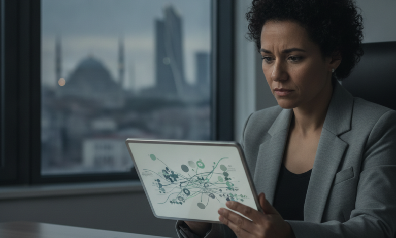 A thoughtful person in a modern, clean medical office, looking at a tablet displaying abstract financial data. A blurred city skyline is visible in the background, suggesting global healthcare and financial decisions. No text is visible.