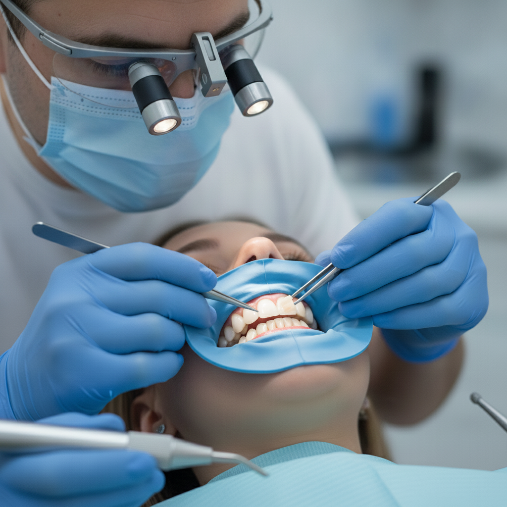 Veneers Cost in Antwerp often encompasses the detailed, professional veneer placement procedure in a modern dental clinic.