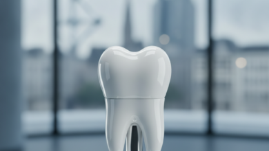 Close-up of a perfectly white, artificial tooth or dental implant model, sharply in focus, against a softly blurred, modern dental office interior. Through a large window in the background, an extremely faint and indistinct outline of city buildings resembling Brussels' architecture is visible. The lighting is bright and clean, emphasizing precision and quality.