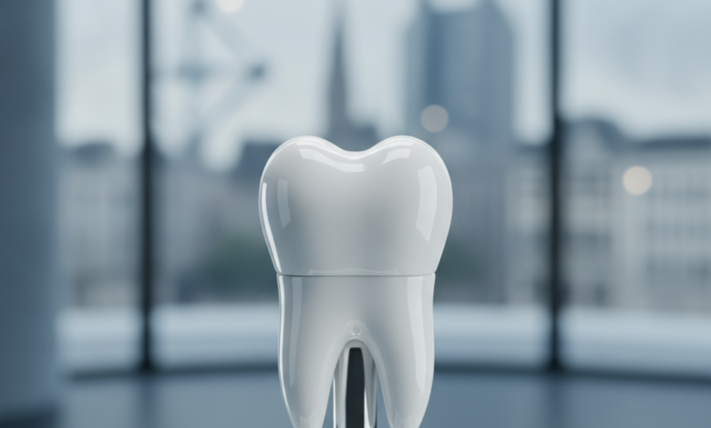 Close-up of a perfectly white, artificial tooth or dental implant model, sharply in focus, against a softly blurred, modern dental office interior. Through a large window in the background, an extremely faint and indistinct outline of city buildings resembling Brussels' architecture is visible. The lighting is bright and clean, emphasizing precision and quality.