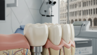 A close-up, photorealistic image of a healthy dental implant securely integrated into a stylized jawbone and gum, with a pristine white tooth crown. The background is a blurred, modern dental clinic interior, with a soft, out-of-focus hint of Brussels' cityscape through a window.