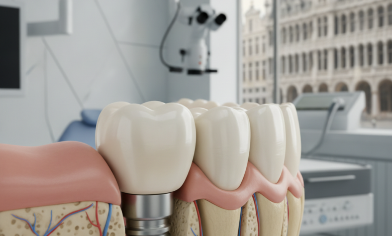 A close-up, photorealistic image of a healthy dental implant securely integrated into a stylized jawbone and gum, with a pristine white tooth crown. The background is a blurred, modern dental clinic interior, with a soft, out-of-focus hint of Brussels' cityscape through a window.