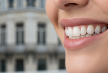 Close-up, photorealistic image of a flawless, radiant, natural-looking smile with bright, perfectly aligned teeth. The background is softly blurred, subtly suggesting classic European architecture in Antwerp, creating a sophisticated and clean aesthetic.