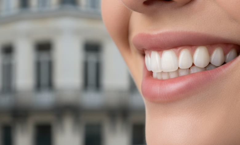 Close-up, photorealistic image of a flawless, radiant, natural-looking smile with bright, perfectly aligned teeth. The background is softly blurred, subtly suggesting classic European architecture in Antwerp, creating a sophisticated and clean aesthetic.