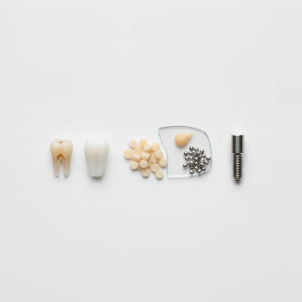 Dentist Prices in Ghent, showing various high-quality dental materials like fillings, crowns, and implants.